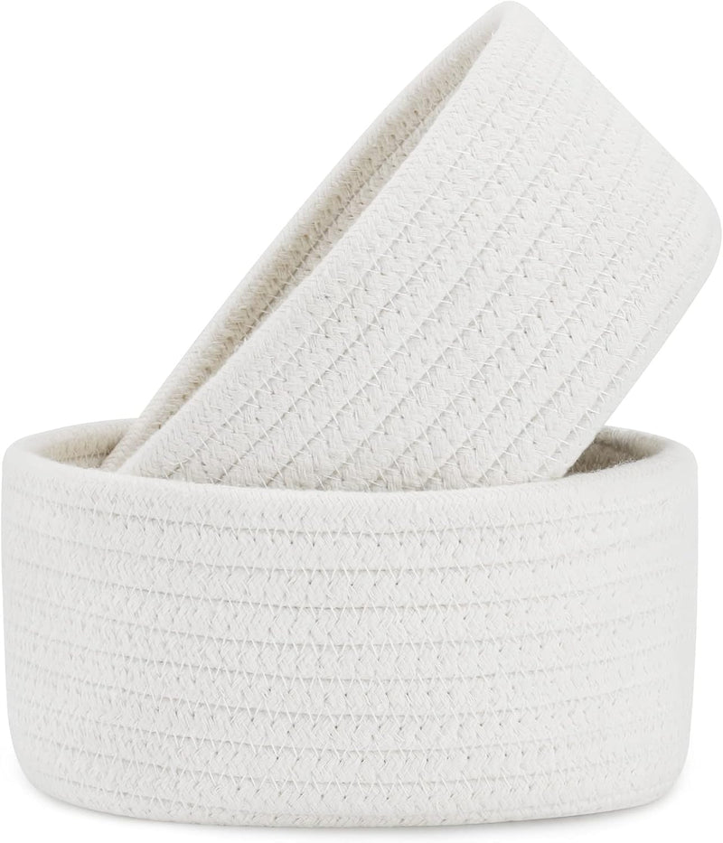 ABenkle Small Storage Basket Set of 2, Natural Cotton Rope Woven Baskets for Organizing, Tiny Oval Storage Baskets, Small Basket for Montessori, Baby Nursery Dog Toy Baskets, Bathroom Organization Bin - White