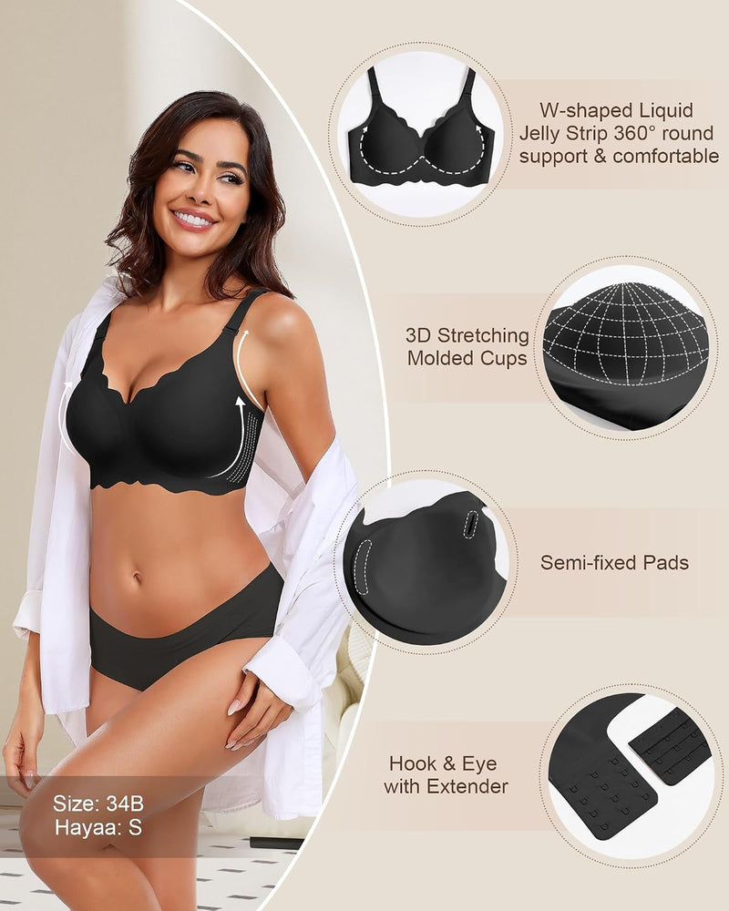 Women's Non-Wired Bras V Neck Wavy Non-Wired Bralettes with Soft Support Comfortable Seamless T-Shirt Bra - Brazstyle-black