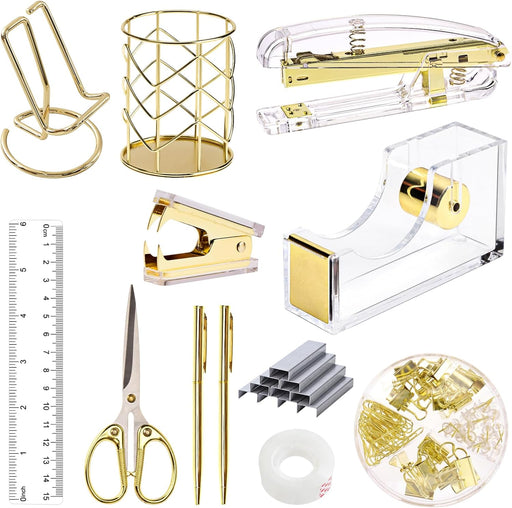 EOOUT Gold Office Supplies Set Desk Accessories, Acrylic Stapler Set Staple Remover, Phone Holder, Tape Holder, Pen Holder, 2 Ballpoint Pen, Scissor, Binder Clips, Ruler, Transparent Glue and Staples. - Gold