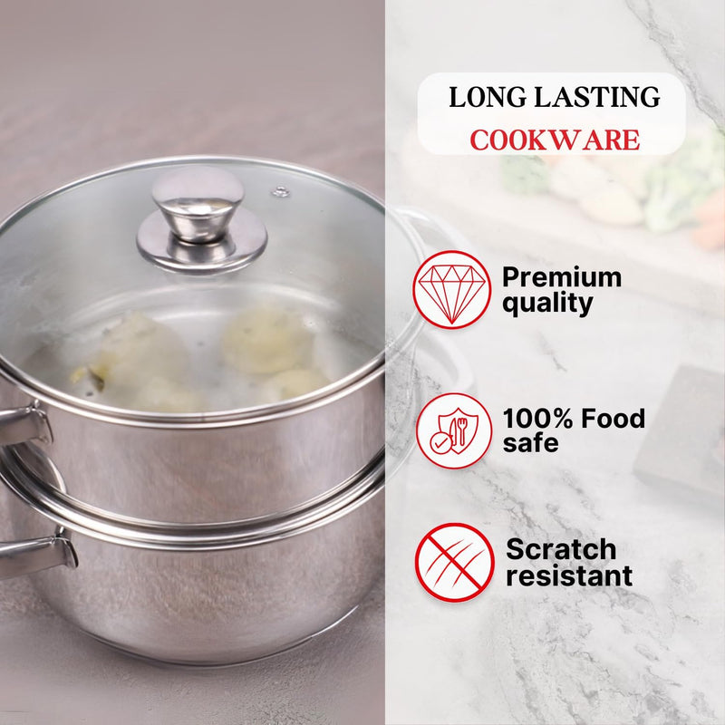 Vinod Stainless Steel 2-Tier Steamer 20cm Vegetable, Momo Steamer with Glass Lid, Sturdy Handle, Induction & Gas Friendly Perfect for Couscous, Dumplings & Rice Dishes
