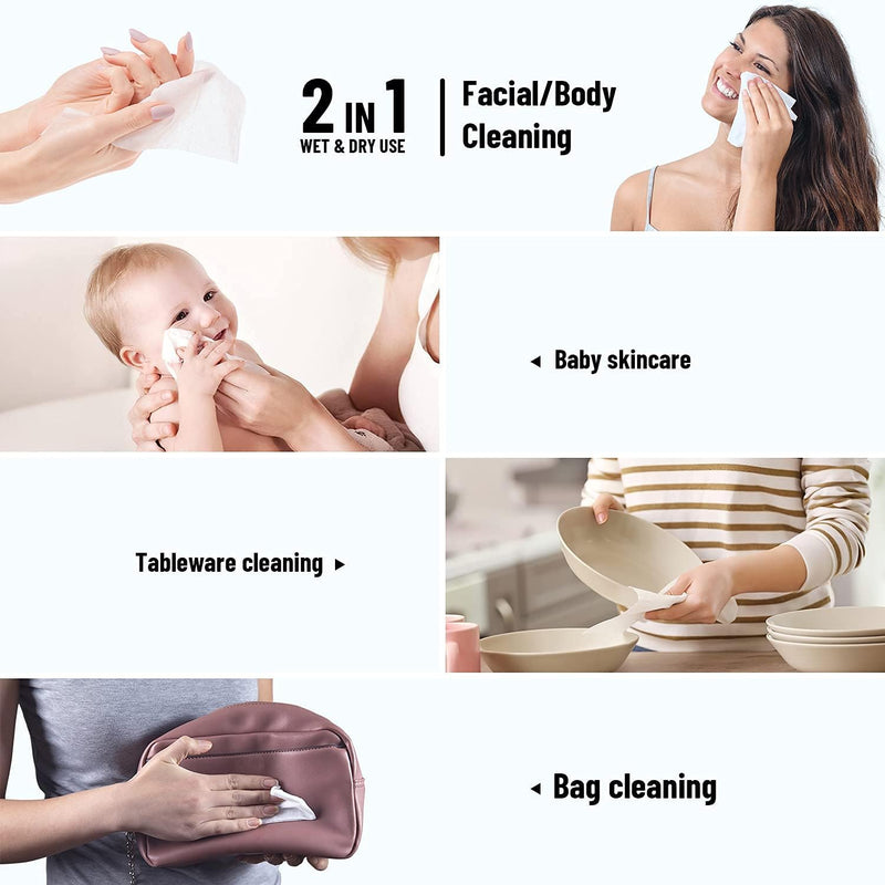 Disposable Face Towel, 300 Count Cotton Dry Facial Tissue- Soft Cleansing Towels for Makeup Removal, Nursing, and Travel - Gentle Dry Wipes for Face and Surface Cleaning