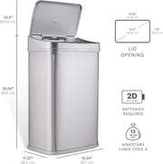NINESTARS, DZT-50-28, 50 L Silver Lid Automatic Touchless Motion Sensor Stainless Steel Trash and Garbage Bin with Highly Durable Silver Lid Mechanism for Home, Kitchen and office - 13 Gal SL Trash Can