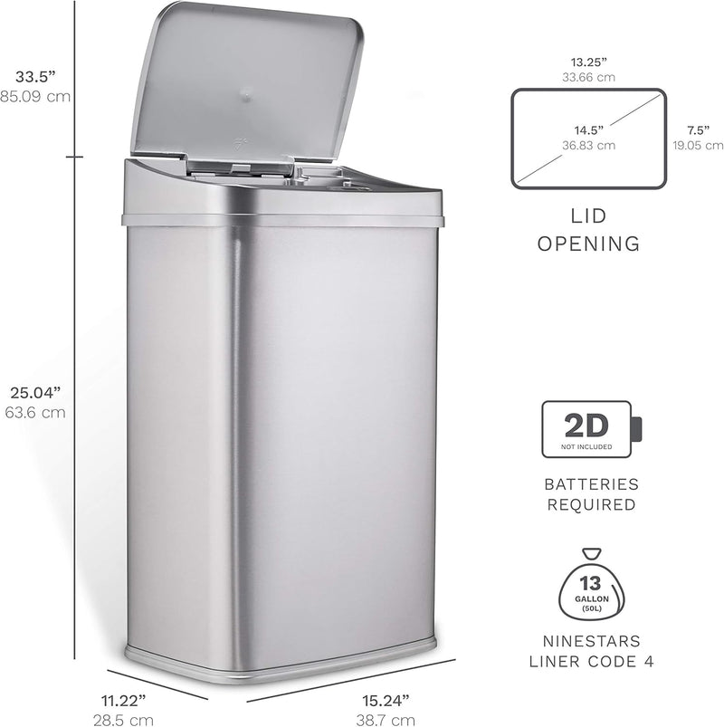 NINESTARS, DZT-50-28, 50 L Silver Lid Automatic Touchless Motion Sensor Stainless Steel Trash and Garbage Bin with Highly Durable Silver Lid Mechanism for Home, Kitchen and office - 13 Gal SL Trash Can