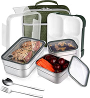 GGEROU Stainless Steel Lunch Box for Kid School,Insulated Bento Lunch Box with Tableware & Bag,720ML 3 Compartment Divided Lunch Containers with Lids,Leakproof BFA Free Dishwasher Safe (Purple) - Greenï¼1260ml