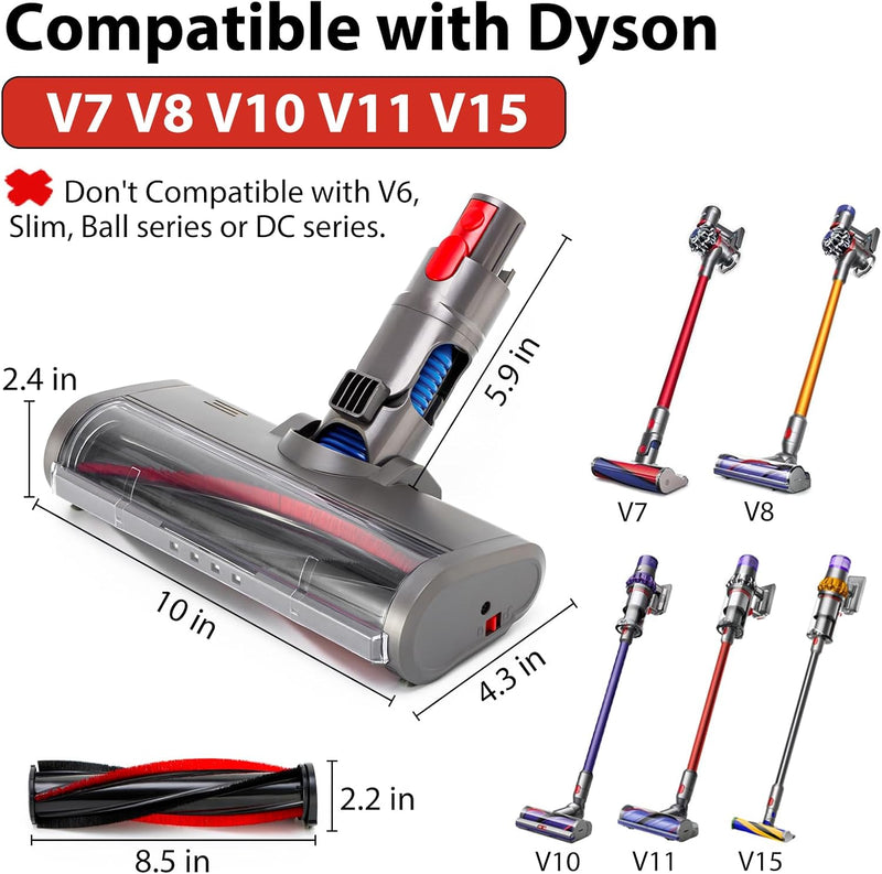 Cleaner Head Bristle Roller Brush: Motorhead Compatible with Dyson V7 V8 V10 V11 V15 Cordless Vacuum Attachment with Dust LED Lights - Direct Drive Replacement Parts for Hardwood and Carpet - Bristle Roller