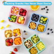 4 Pcs Snack Boxes, 4-Compartment Reusable Bento Container, BPA-Free Wheat Straw, Stackable, Microwave and Freezer Safe, 5.8oz Per Compartment, for Kids, School, Work, Travel