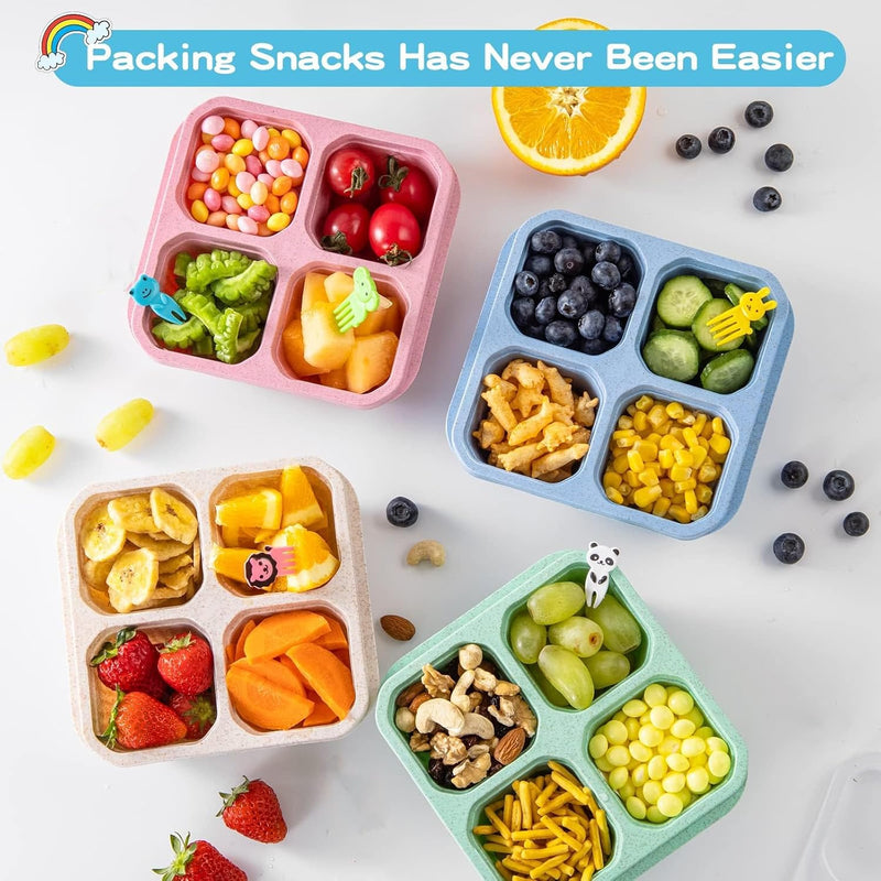 4 Pcs Snack Boxes, 4-Compartment Reusable Bento Container, BPA-Free Wheat Straw, Stackable, Microwave and Freezer Safe, 5.8oz Per Compartment, for Kids, School, Work, Travel
