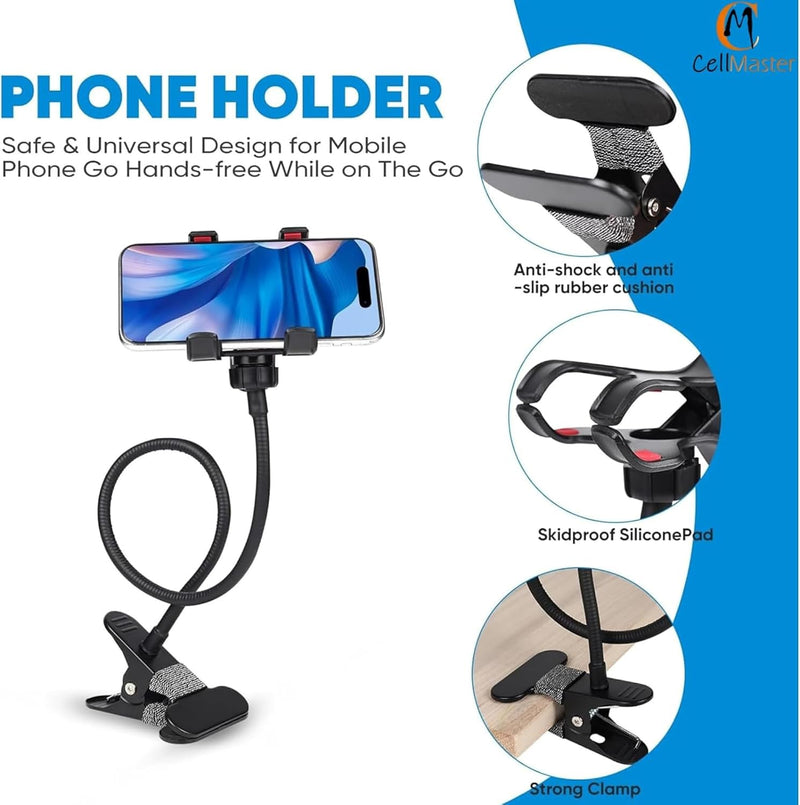 Metal 360 Degree Flexible Portable Foldable -Lazy Stand Bracket Cell Phone Holder/Gooseneck Long Arm Clip Mobile Stand for Table Mobile Stand for Bed Office