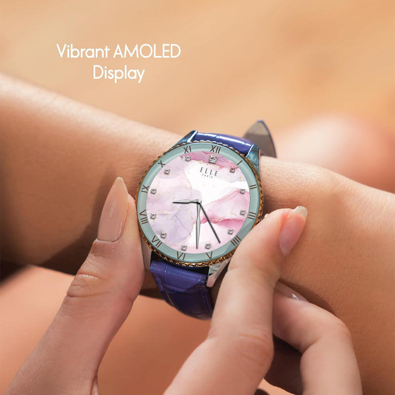 Elle Soleil Women’s Smartwatch 1.19'' AMOLED, Bluetooth Calling, Multilingual, Wireless Charging, Fitness Tracking, IP68, iOS/Android Compatible, Silver Frame & White Leather Starp + 2 Premium Straps