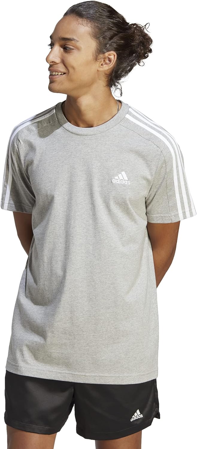 mens Essentials Single Jersey 3-Stripes T-Shirt - Medium Grey Heather/White
