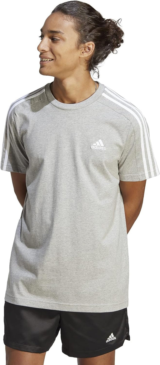 mens Essentials Single Jersey 3-Stripes T-Shirt - Medium Grey Heather/White
