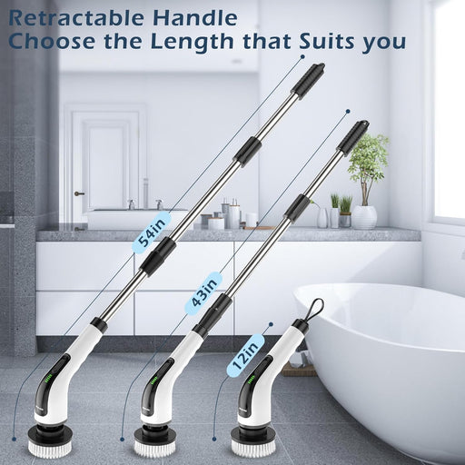 Cordless Electric Spin Scrubber, Electric Cleaning Brush with 8 Replacement Brush Heads, 90Mins Working Time, 3 Adjustable Handle, 2 Adjustable Speeds for Bathroom Kitchen Bathtub Glass Car - Standard