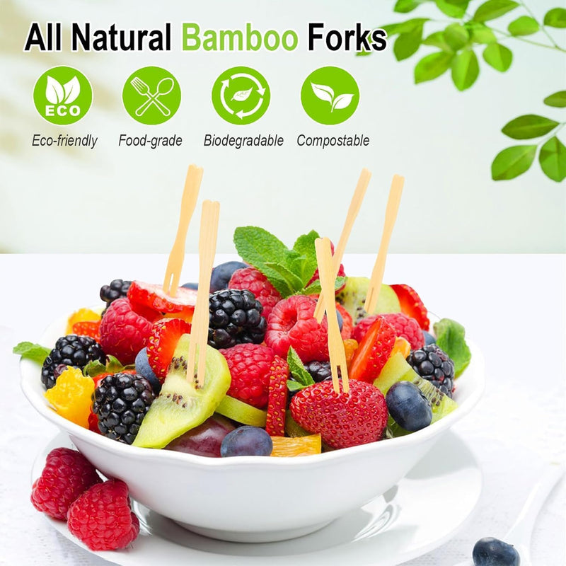 70 Pcs Bamboo Fruit Forks 9 cm (3.5 in), Disposable Mini Wooden Appetizer Picks for Fruit, Desserts, Snacks, Party, Buffet & Catering, Biodegradable Eco-Friendly Toothpick Forks