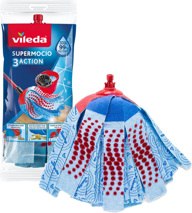 3action Supermocio Floor Mop with a Stick, Versatile, Red Spot Eraser, Blue Microfibre, 3d Red Spots, 14 X 7 X 157 Cm - 27 x 27 x 6,5 cm 3 Action Mop - Refill