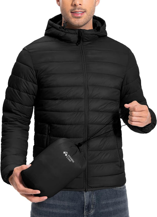 Men's Lightweight Hooded Thermal Insulated Padded Jacket for Running, Travel - Black