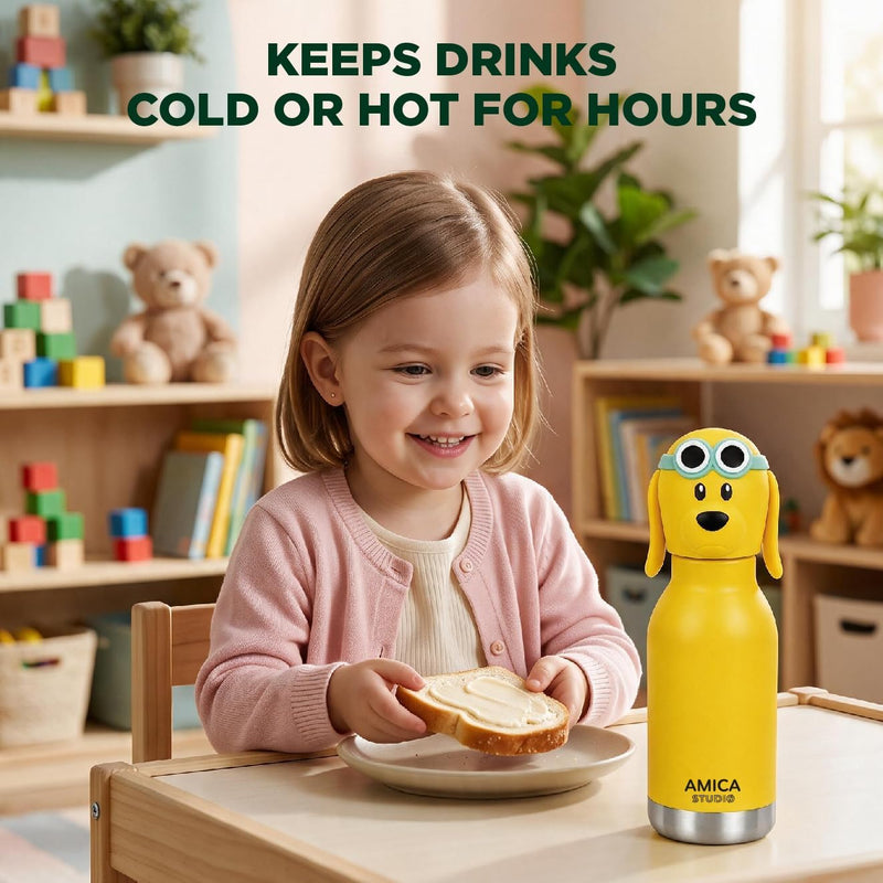 Kids Water Bottle 460ml Insulated Stainless Steel - AMICA STUDIO (Dexter Dog)