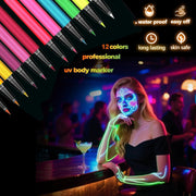 Glow in the Dark Face Paint Pen 12PCS, UV Neon Body Painting Kit for Kids & Adults, Waterproof Smudge-Proof Skin Marker Pens for Halloween Makeup, Tattoo, Festival & Party Eye Body Art
