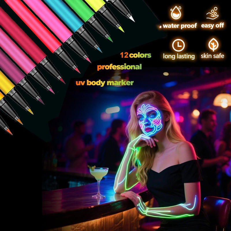 Glow in the Dark Face Paint Pen 12PCS, UV Neon Body Painting Kit for Kids & Adults, Waterproof Smudge-Proof Skin Marker Pens for Halloween Makeup, Tattoo, Festival & Party Eye Body Art