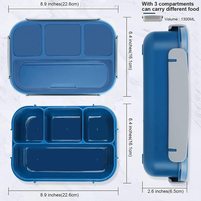 Aputue Bento Box, 1300ml 4 Compartment Square Lunch Box, Leakproof Microwave Safe Sandwich Container, Portable Food Storage for Adults, School Work Picnic, Airtight Freshness Lock, BPA Free