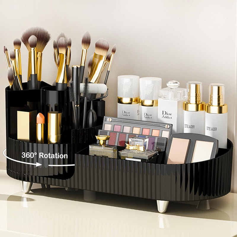 New 360 Rotating Makeup Organizer for Vanity with Brush Holder, Cosmetic Makeup Storage Organizer, Large Spinning Makeup Skincare Organizer, Countertop Makeup Perfume Organizer, Lotions Display Cases - Rotating Makeup Organizer Set-Black