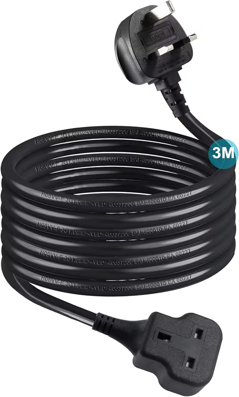 10m Power Extension Lead, Heavy-Duty Single Socket with UK 3-Pin Plug, Fireproof Extension Cord for Outdoor, Garden, Warehouse, Home Renovation, Black (10meters) - 3m