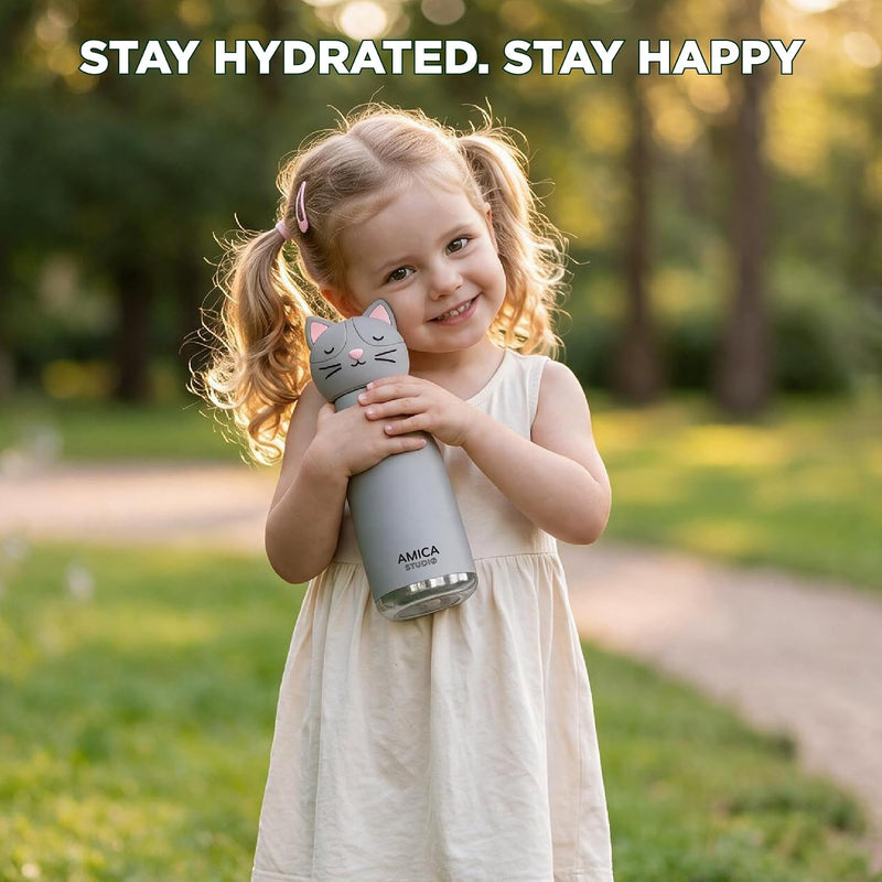 Kids Water Bottle 460ml Insulated Stainless Steel - AMICA STUDIO (Cleo Cat)