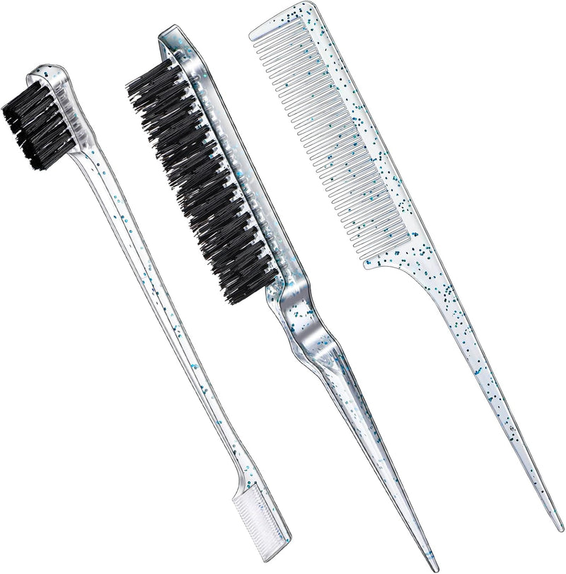 Geiserailie 3 Pcs Slick Back Hair Brush Set Bristle Brush Edge Control Teasing Comb for Women Black Hair(Black)