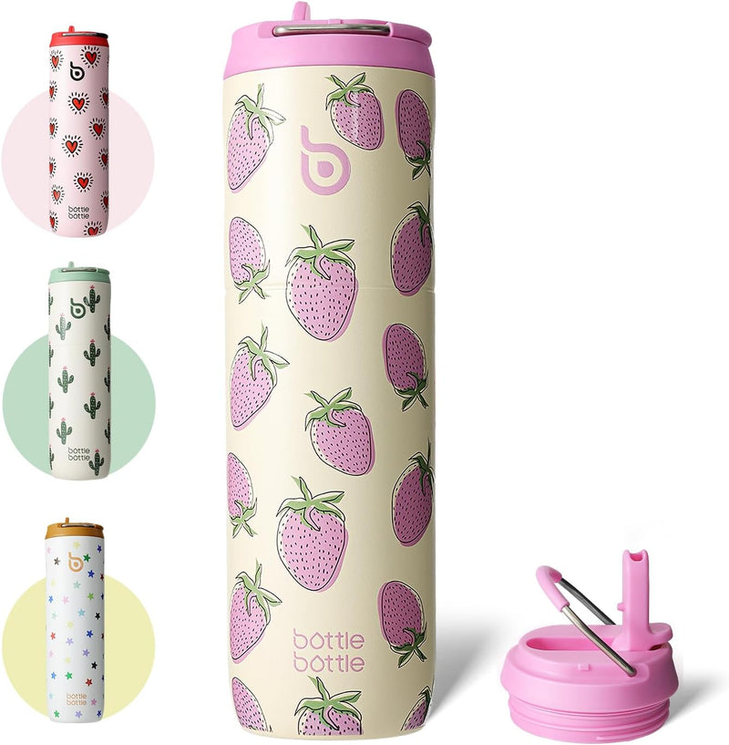Insulated Water Bottle 24oz with Straw Lid and Handle for Sports Travel Gym Stainless Steel Water Bottles Double-Wall Vacuum Metal Bottles Leak Proof BPA-Free (baby blue) - strawberry