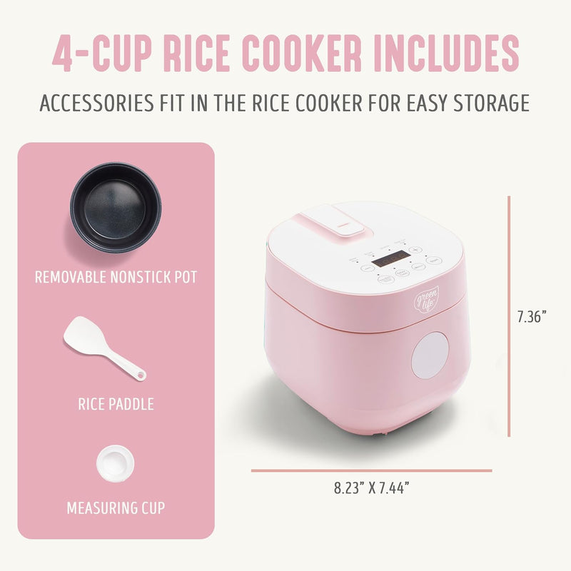 GreenLife Healthy Ceramic Nonstick 4-Cup Rice Oats and Grains Cooker, PFAS-Free, Dishwasher Safe Parts, Black