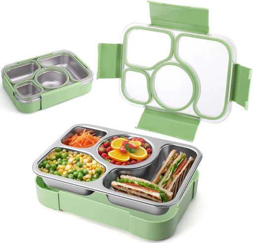 Stainless Steel Adult Lunch Box, 4-Compartment Metal Bento Box with Lid, Eco-Friendly, Leak-Proof, Food Storage Containers for School, Office, Travel