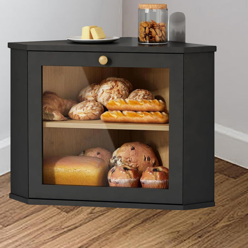 Corner Bread Box for Kitchen Countertop, Black Bread Storage Container for Homemade Bread, Two Layer Breadbox under Cabinet Mount, Large Bread Holder for Kitchen Counter, Panry Shelf