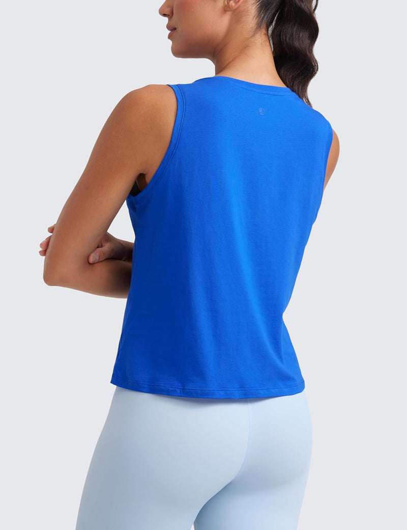CRZ YOGA Women's Pima Cotton Loose Cropped Tank Tops Workout High Neck Sleeveless Athletic Gym Shirts