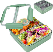 1100ml Bento Lunch Box for Meals and Snacks, Leakproof Insulated Food Container with 2 Stainless Steel Compartments for Adults and Kids at Work or School, Microwave Safe, Green