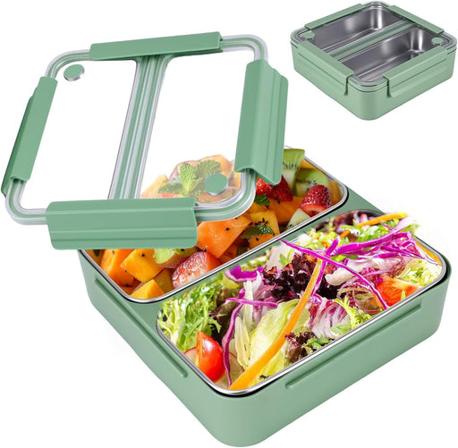 1100ml Bento Lunch Box for Meals and Snacks, Leakproof Insulated Food Container with 2 Stainless Steel Compartments for Adults and Kids at Work or School, Microwave Safe, Green