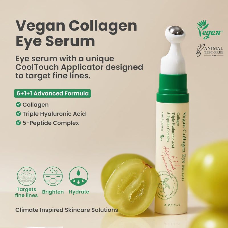 Vegan Collagen Eye Serum 10ml - K Beauty Triple Hyaluronic Acid & Peptide Collagen Serum for Skin Elasticity, Reduce Fine Lines & Dark Circles - Vegan Korean Skin Care Eye Cream - 0.33 fl. oz.