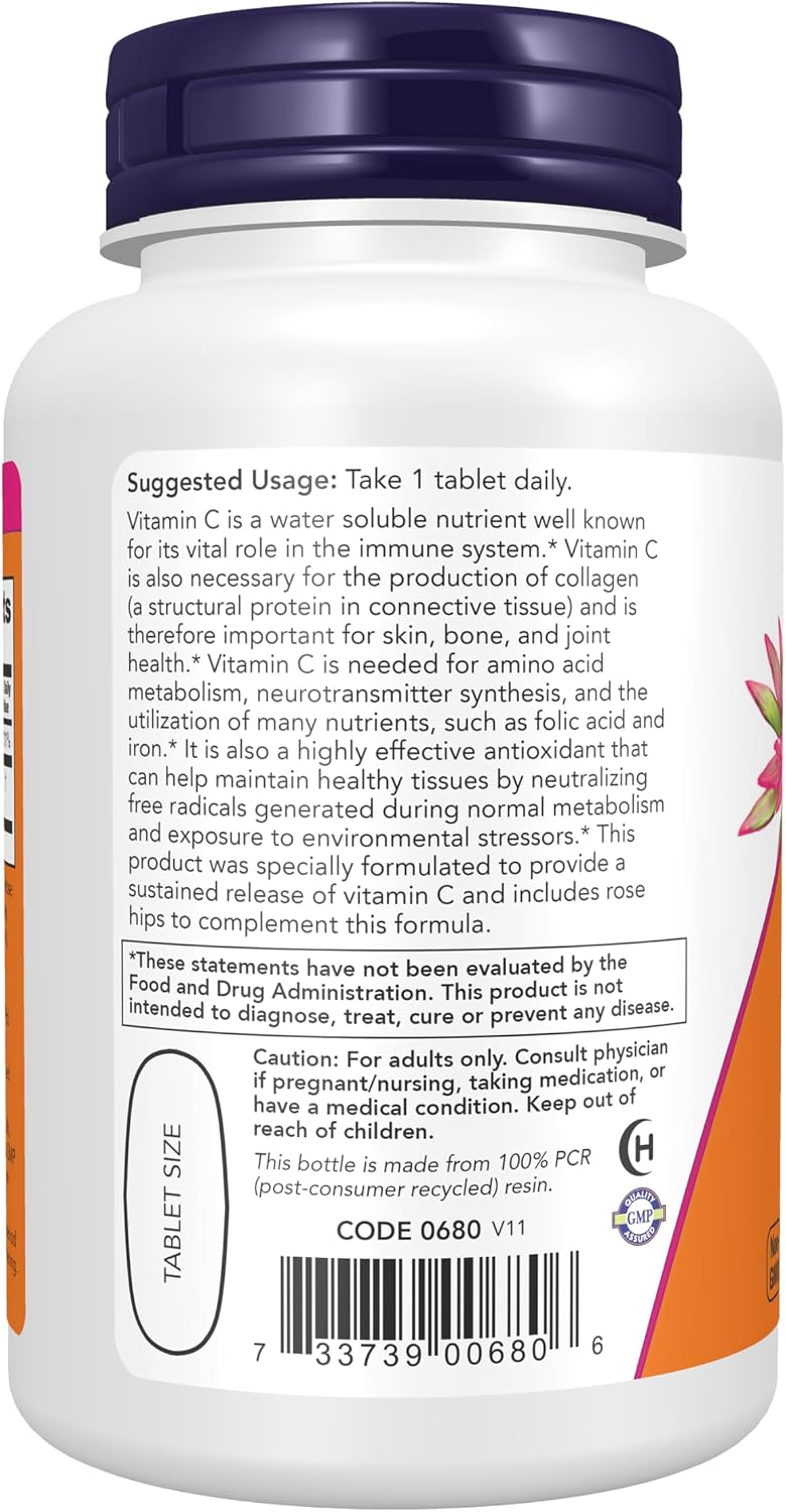 Foods Vitamin C-1000 Sustained Release with Rose Hips Time-Release Vitamin C for Immune Support & Antioxidant Protection & Collagen Formation & Long-Lasting Absorption 100 Tablets