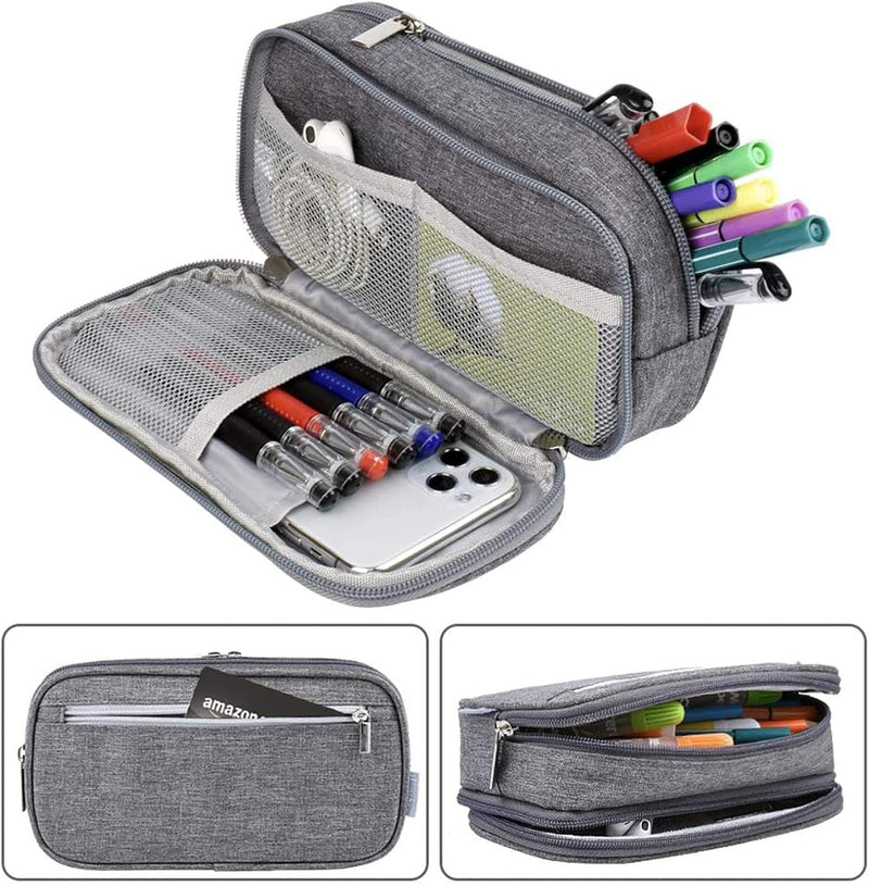 Pencil Case, Large Capacity Pencil Bag Pouch Pen Case Makeup Bag Stationery Desk Organizer with Big Compartments for Boys Girls Middle High School & Office Supplies (Grey)