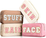 4 Pcs Preppy Makeup Bags Chenille Letter Stuff Bag Nylon Cosmetic Pouch Cases with Zipper for Women Travel Toiletry - multi