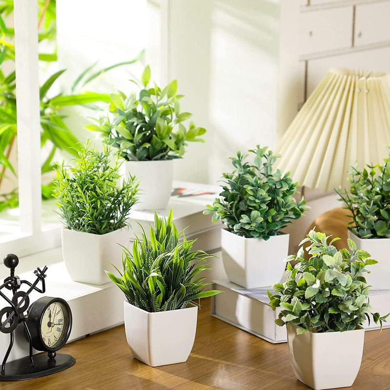 Dekorly Artificial Potted Plants, 8 Pack Artificial Plastic Eucalyptus Plants Small Indoor Potted Houseplants, Small Faux Plants for Home Decor Bathroom Office Farmhouse (Set 0F 8)