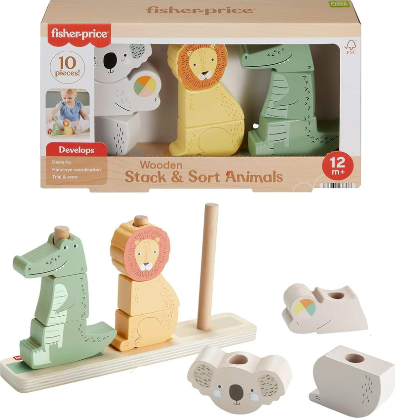 Fisher-Price Baby & Toddler Toy Wooden Stack & Sort Animals, 10 Wood Pieces for Developmental Play Ages 1+ Years