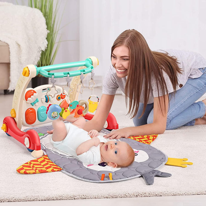 2 in 1 Baby Gym Play Mat & Baby Learning Walker,Baby Activity Mat with Removable Play Piano Panel,Musical Activity Center with Lights, Baby Push Walkers & Tummy Time Mat for Infant Newborn Toddlers