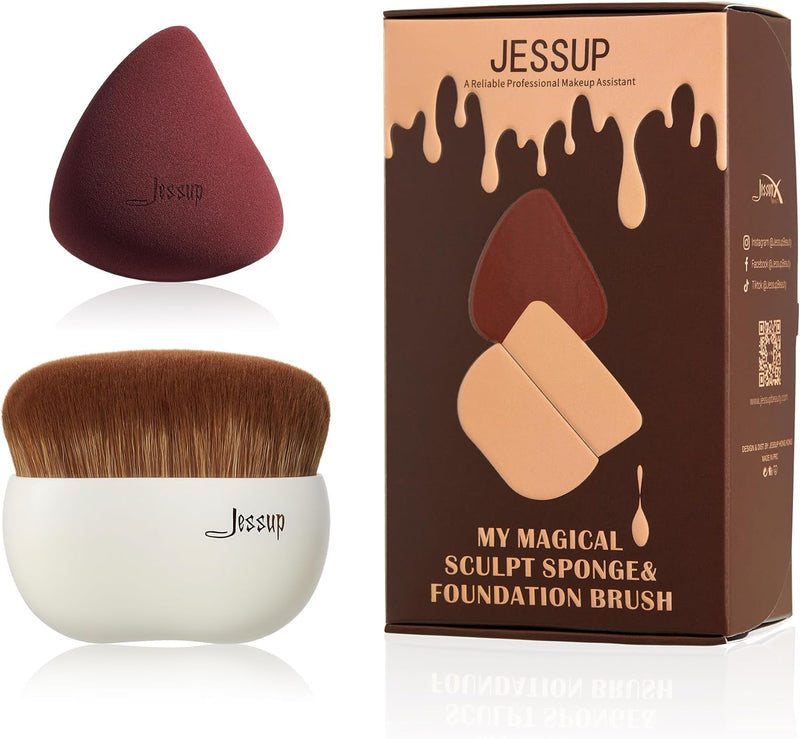 Jessup Makeup Brush Foundation Brush with Makeup Sponge 1pc Kabuki Brush for Liquid, Cream or Flawless Powder Cosmetics Face Boby Brush, T882