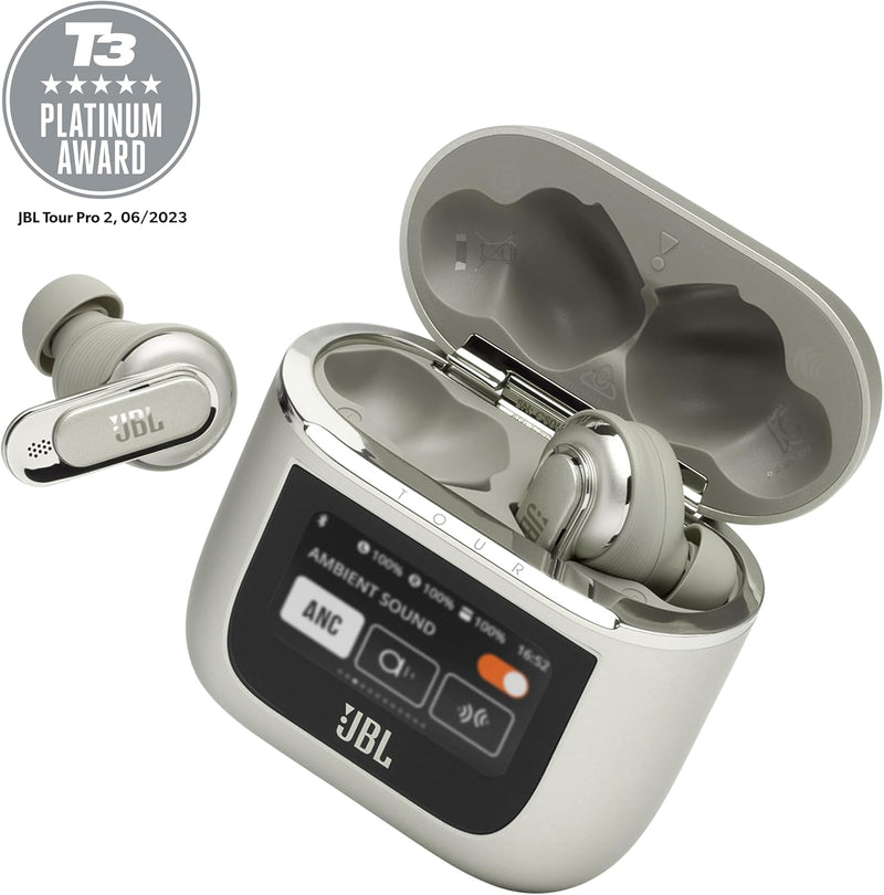 JBL Tour Pro 3, True Wireless Earbuds with Bluetooth, Built-in Battery and 40h Playback, Charging Case, Noise Cancelling and JBL Spatial 360 with Head Tracking, Beige