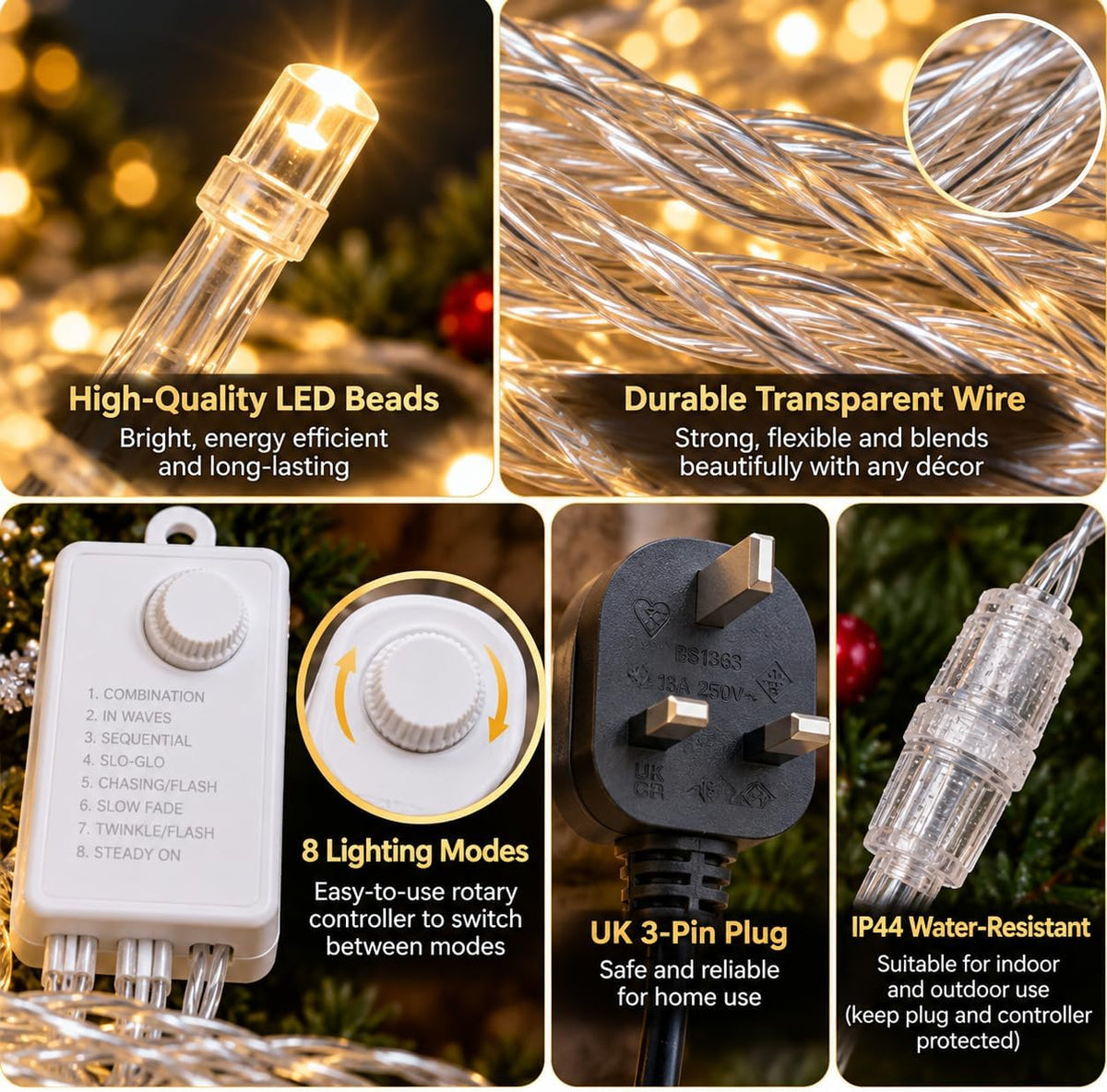 Christmas Lights,50M 500 LED Christmas Tree Lights, Warm White String Lights, 8 Lighting Modes, Christmas Decorations for Bedroom, Gardens, Balcony, Wedding and Party,Diwali, – image 4
