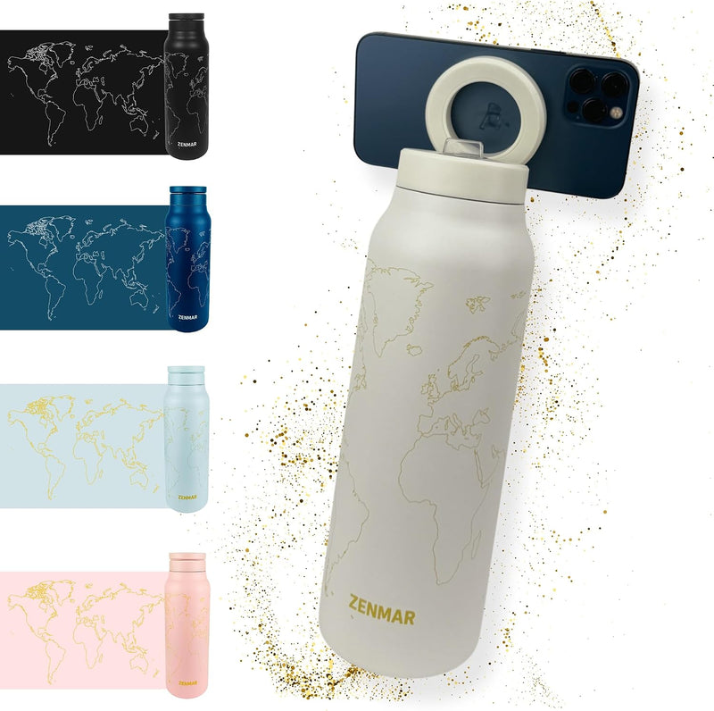 Kids Insulated Water Bottle 750ml Stainless Steel, Leakproof BPA-Free Straw Lid, Magnetic Phone Holder for Videos & Study, World Map Design Light Blue Matte ZENMAR - White