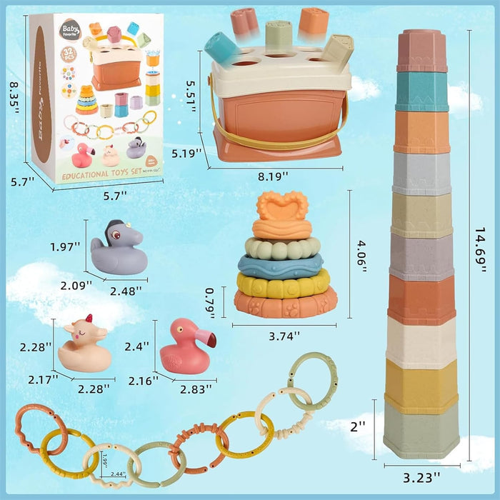 AM ANNA 5 in 1 Montessori Toys for Babies 6-48 Months,Stacking Cups,Rings Toy Links,Soft Stacking Rings,Blocks Set,Soft Animals Toys for Toddlers 1-3 Year Old Boys Girls Infant Bath Time