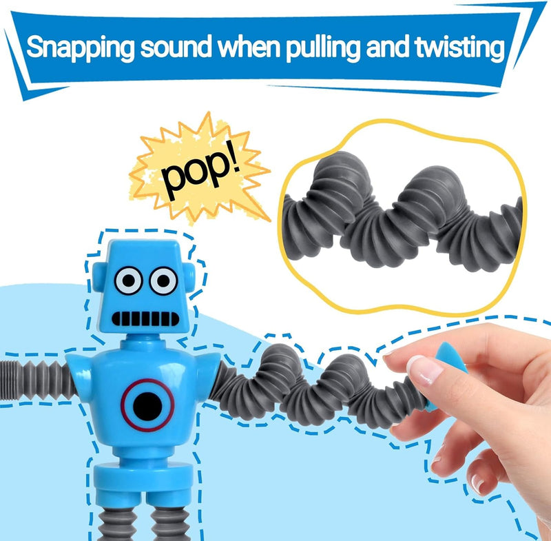 Pop Tubes Robot Fidget Toys (4 Pack), Telescopic Suction Cup Robotics Toy, Toddler Fine Motor Skills & Creative Learning, Autism Sensory Toys for Kids Age 3-6, Party Favors Boy Girl Gifts