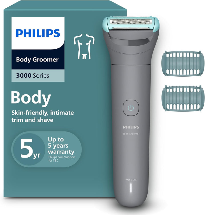 Philips Bodygroom BG3017/01 Showerproof Groin & Body Trimmer Hypoallergenic Blades, Close & Comfortable Shave, 3mm Comb 50min Cordless, Ergonomic Grip - BG3480/15