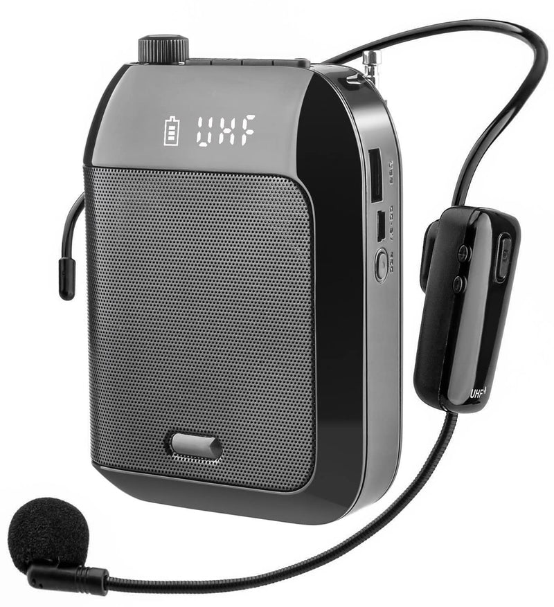 VOEMPHI UHF Wireless Voice Amplifier, 15W Rechargeable PA System (2400mAh) Bluetooth Speaker With Wireless Headset Microphone for Teachers, Tour Guide and more (Black)