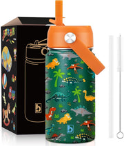 Kids Water Bottle 410ml Stainless Steel Hydro Flask Double Wall Insulated Thermos Bottle with Straw Lid BPA Free Cup Hot Cold Sports Toddler School Boys Girls 14oz (UNICORN PINK 410ML) - DINOSAUR GREEN
